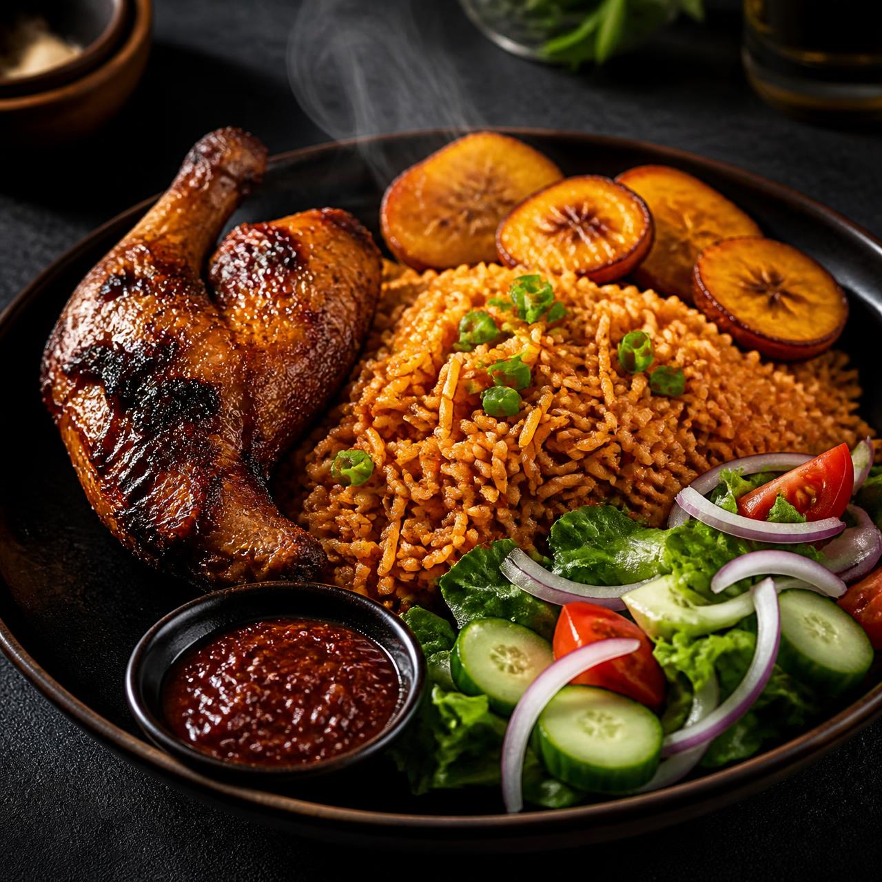 Jollof Royale: smoky jollof rice with charcoal-grilled chicken, fried plantain and fresh salad
